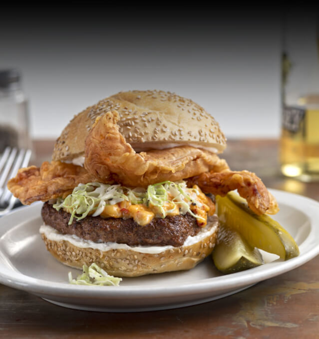 hamburger with fried fish